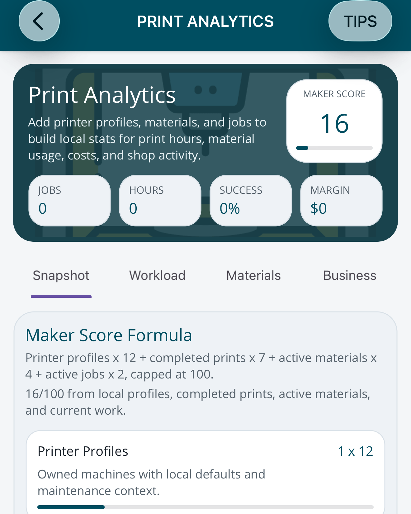Print Analytics on an iPhone: a maker score of 16 with jobs, hours, success and margin all at zero, Snapshot, Workload, Materials and Business tabs, and the Maker Score Formula, starting with Printer Profiles at 1 x 12.