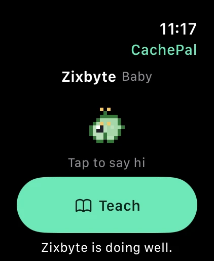 The native Cache Pal Apple Watch screen showing a baby Pal and its Teach care button.