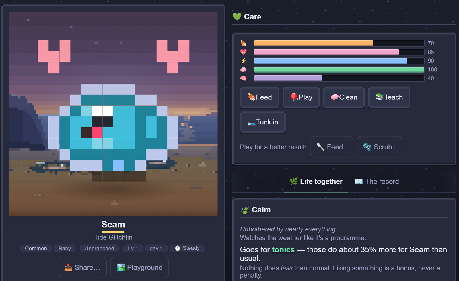 Cache Pal on a desktop browser: Seam, a Common Tide Glitchfin hatched from the phrase “the3dcoder”, stands as pixel art against a dusk landscape, beside care meters and Feed, Play, Clean, Teach and Tuck in buttons.