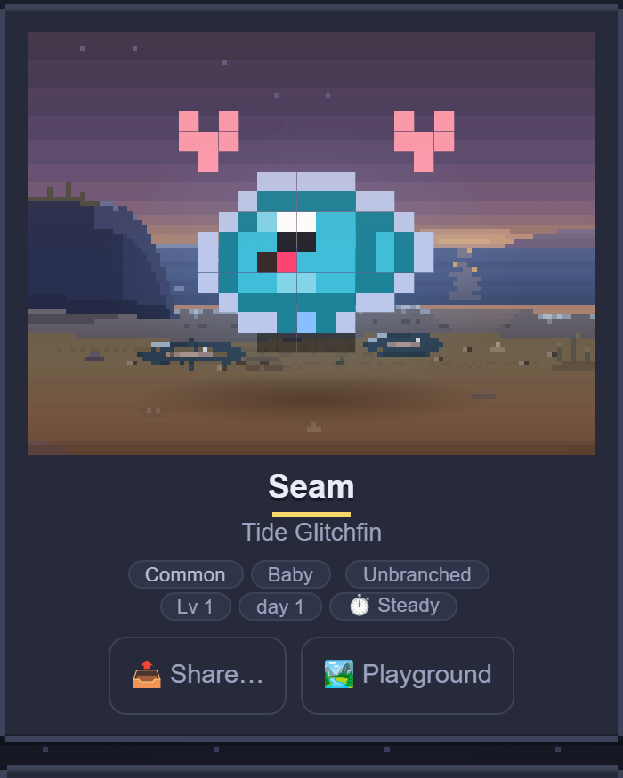 The same Pal, Seam, on a phone: its pixel-art portrait with Common, Baby and Level 1 tags and Share and Playground buttons.