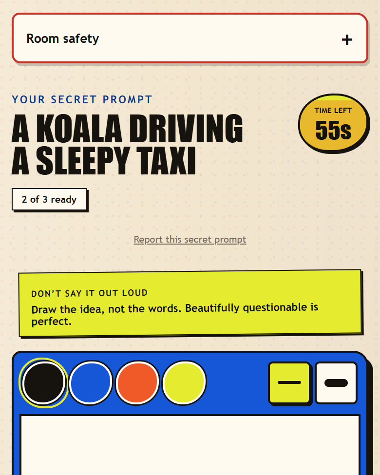 A solo practice round on a phone: the secret prompt “A koala driving a sleepy taxi”, a 55-second timer, a reminder to draw the idea rather than the words, and the drawing pad’s four colors.
