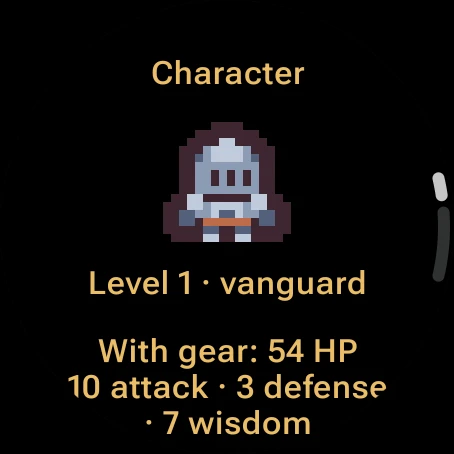The native Guidlands Wear OS character screen, showing the watch game’s character details.