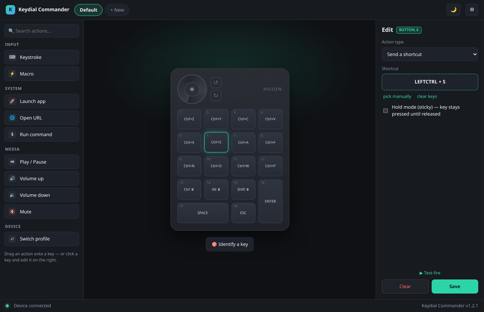 Editing key 6 in Keydial Commander: the key is highlighted on the device drawing, and the side panel sets it to send the shortcut Left Ctrl + S, with a hold option and Test-fire, Clear and Save buttons.