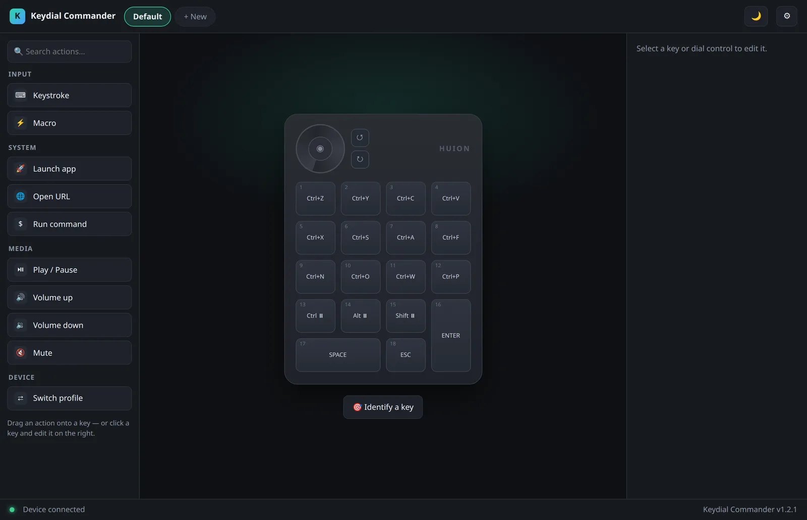 Keydial Commander in its dark theme: a drawing of the Keydial Mini with its dial and 18 keys, each labeled with its shortcut, such as Ctrl+Z, Ctrl+S and Space, beside a searchable library of keystroke, macro, launch-app, media and profile actions.