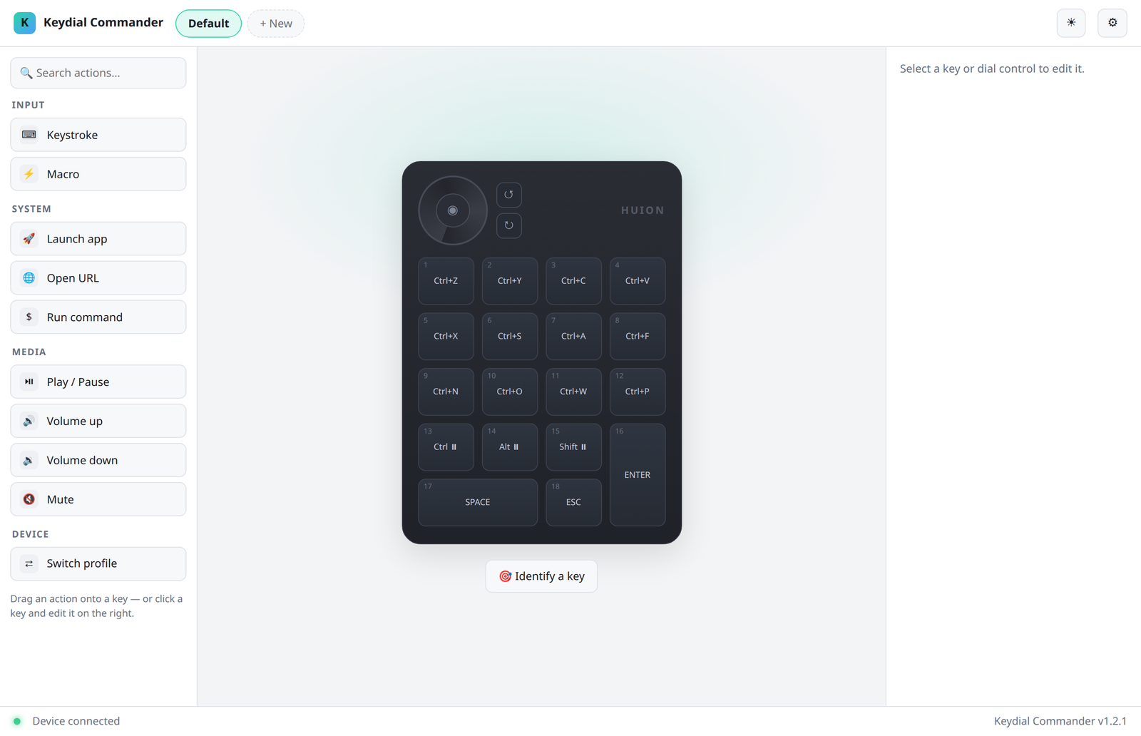 Keydial Commander in its light theme, showing the same device drawing and action library on a pale background.