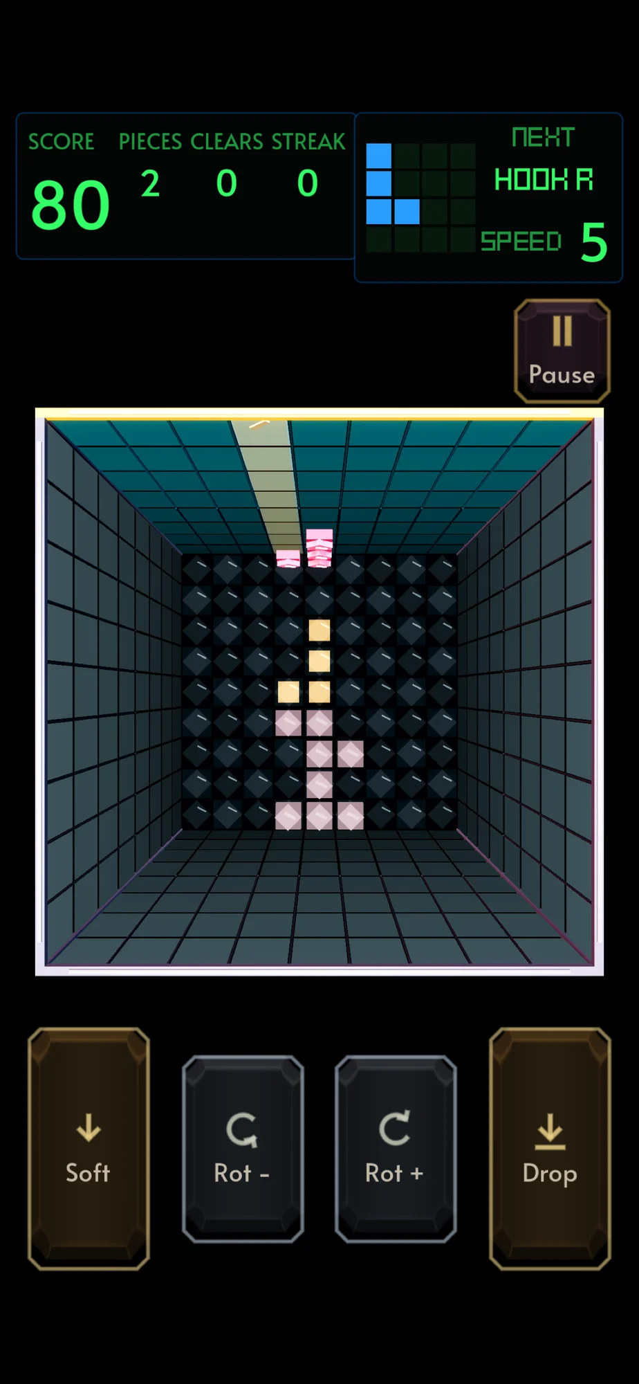 Genuine iOS gameplay from Rubetris’s App Store listing: Debrix’s four-wall gem well, a bright green score display, next-piece preview, and large soft-drop, rotation and drop controls.