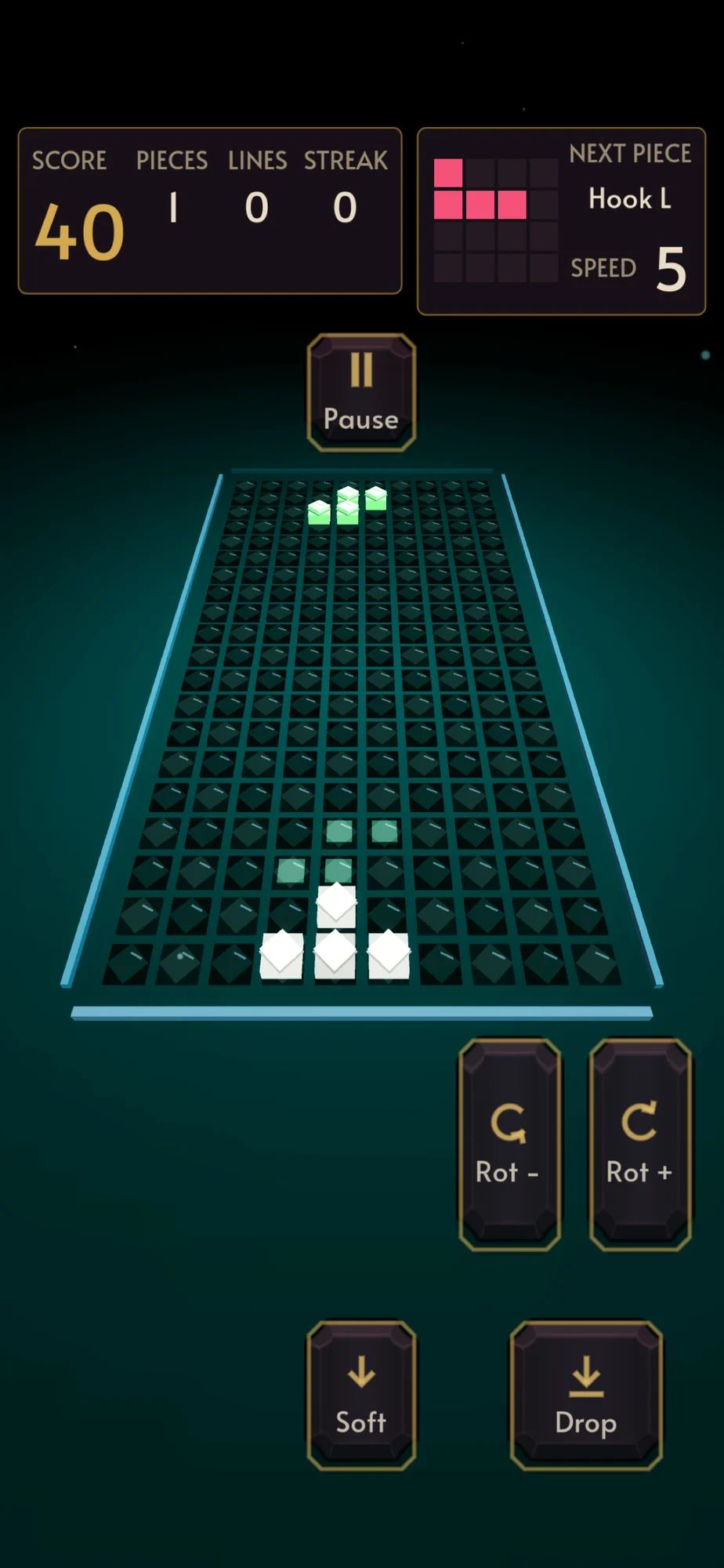 Genuine iOS gameplay from Rubetris’s App Store listing: Erikade’s tall teal block-stacking well, falling green gems, next-piece preview, and plum controls edged in gold.