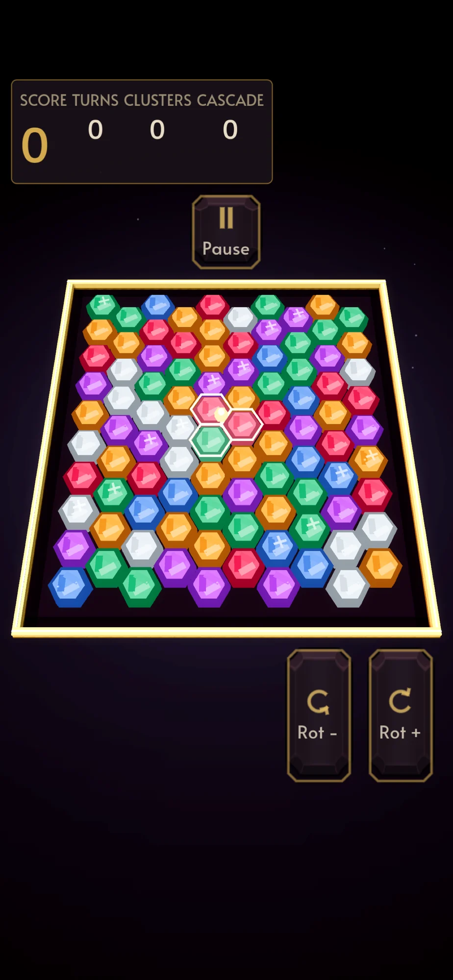 Genuine iOS gameplay from Rubetris’s App Store listing: Rosette’s gold-framed hexagonal tray filled with colorful marked gems, a selected trio, and plum rotation controls.