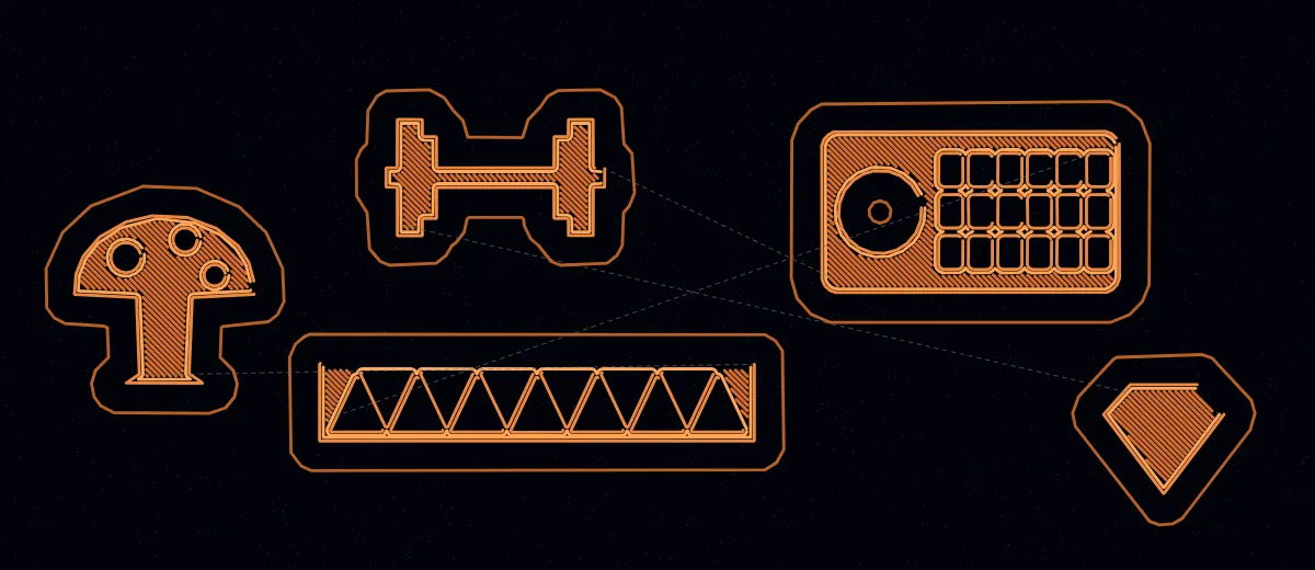 A slicer's top-down view of one first layer on a build plate: a mushroom, a truss bridge, a dumbbell, a macro pad with a dial, and a gem, each traced in amber toolpaths.