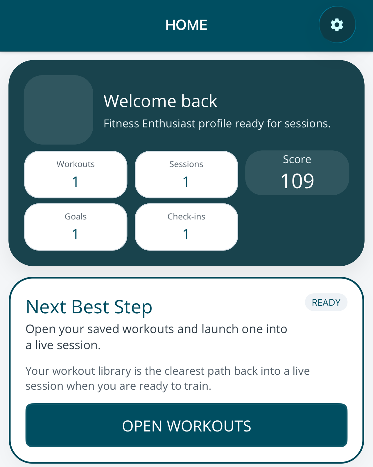 The Your Whey Fitness home screen on an iPhone: a Welcome back card with workout, session, goal and check-in counts and a training score of 109, above a Next Best Step card with an Open Workouts button.